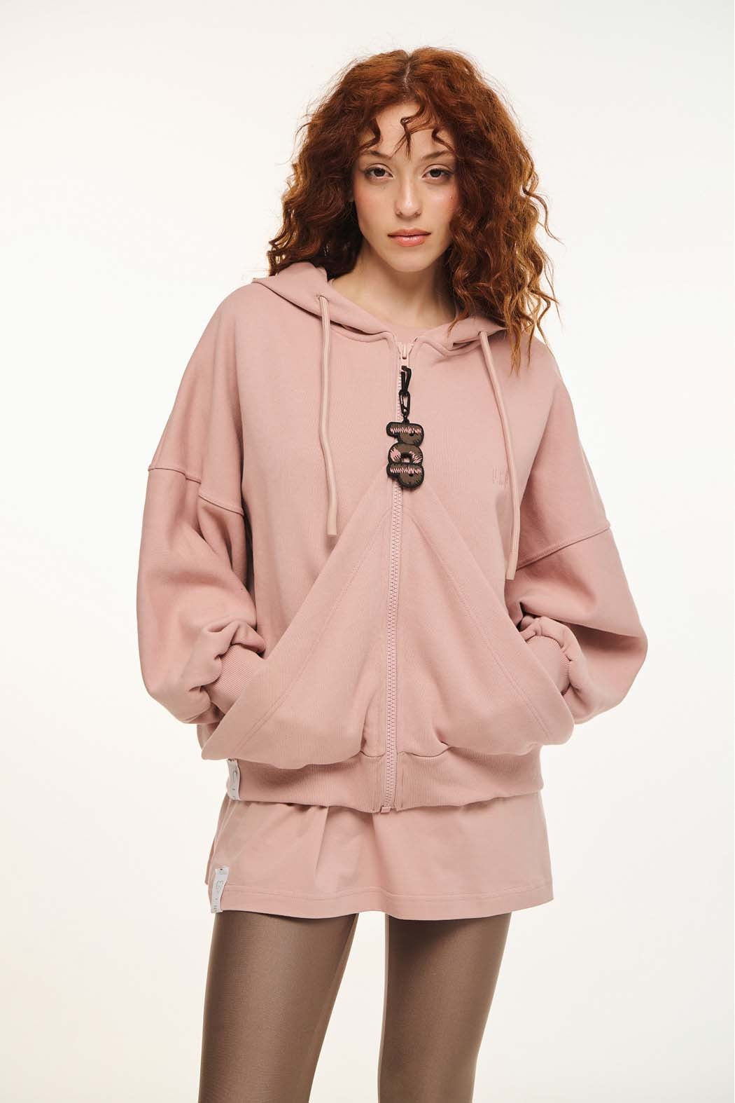 WOMAN ZIP HOODIE WITH EMBROIDERY - SUZANA- PINK