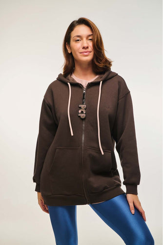 UNISEX ZIP HOODIE WITH EMBROIDERY-BROWN