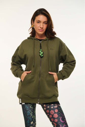 UNISEX ZIP HOODIE WITH EMBROIDERY-OLIVE