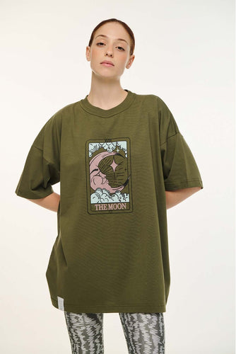WOMAN SHORT SLEEVE T-SHIRT WITH EMBOIDERY AND SILK PRINT – THE MOON -OLIVE