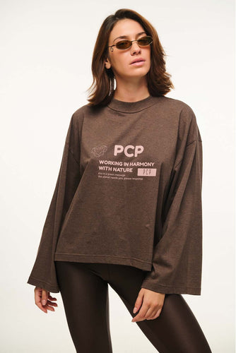 WOMAN LONGSLEEVE T-SHIRT WITH PRINT - MELANGE NATURE-BROWN