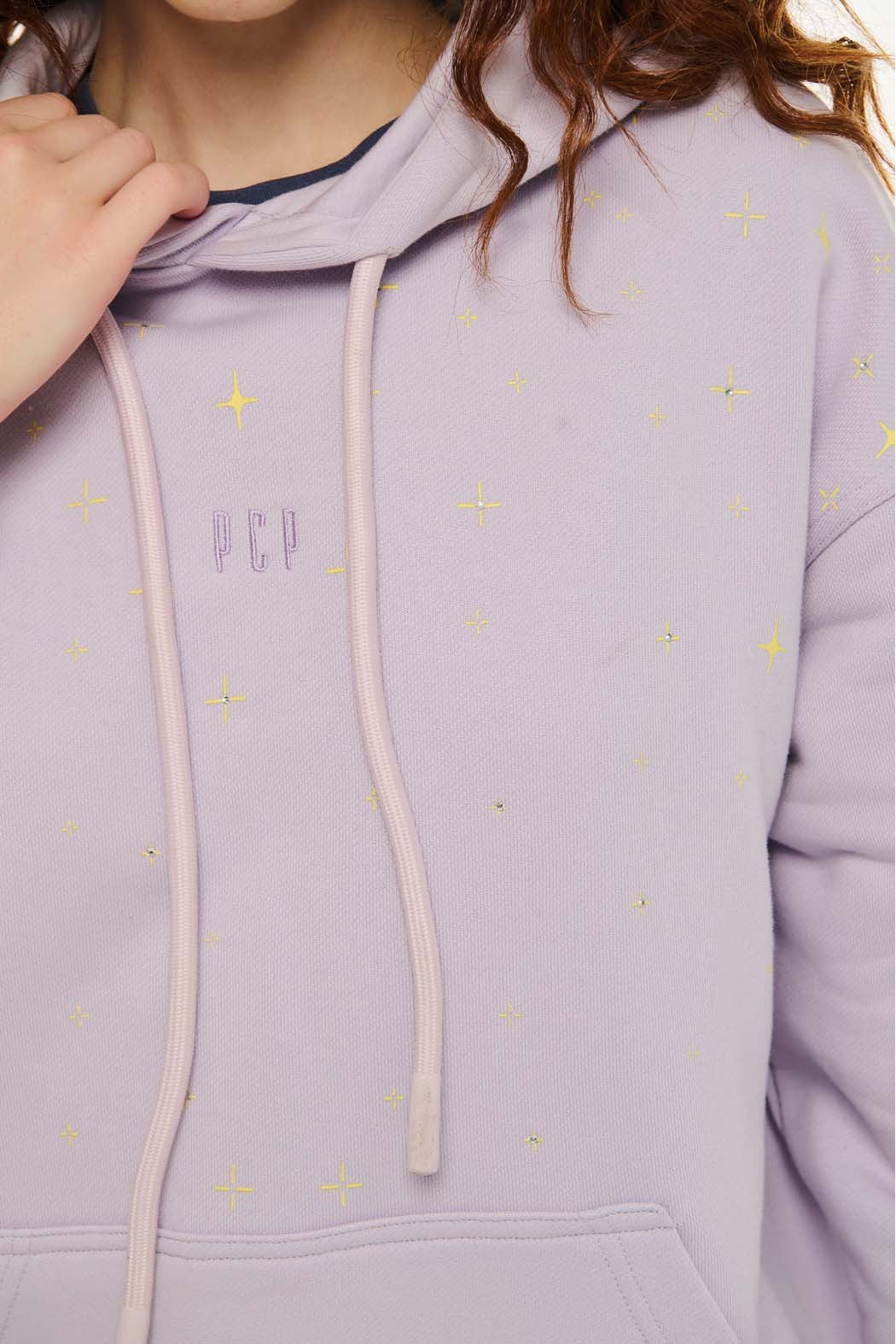 UNISEX HOODIE WITH EMBROIDERY AND TRANSFER PRINT - THE CRYSTAL- LILAC