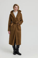 Load image into Gallery viewer, VELMORA Long faux shearling coat with hooded teddy lining and turned cuffs