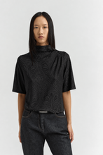 Load image into Gallery viewer, HANS Boxy jacquard top with glossy embossed motif and asymmetrical shoulder pleats