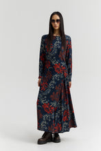 Load image into Gallery viewer, SHALOM Ankle-length floral print dress with side ruching and asymmetrical draped skirt