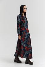 Load image into Gallery viewer, SHALOM Ankle-length floral print dress with side ruching and asymmetrical draped skirt