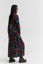 Load image into Gallery viewer, SHALOM Ankle-length floral print dress with side ruching and asymmetrical draped skirt