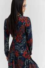 Load image into Gallery viewer, SHALOM Ankle-length floral print dress with side ruching and asymmetrical draped skirt